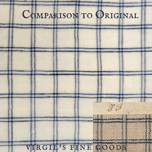 Blue and white checked linen fabric Laid flat with a small photo at the right bottom corner to show historical original for comparison. With the words: "Comparison to the Original" and "Virgil's Fine Goods"