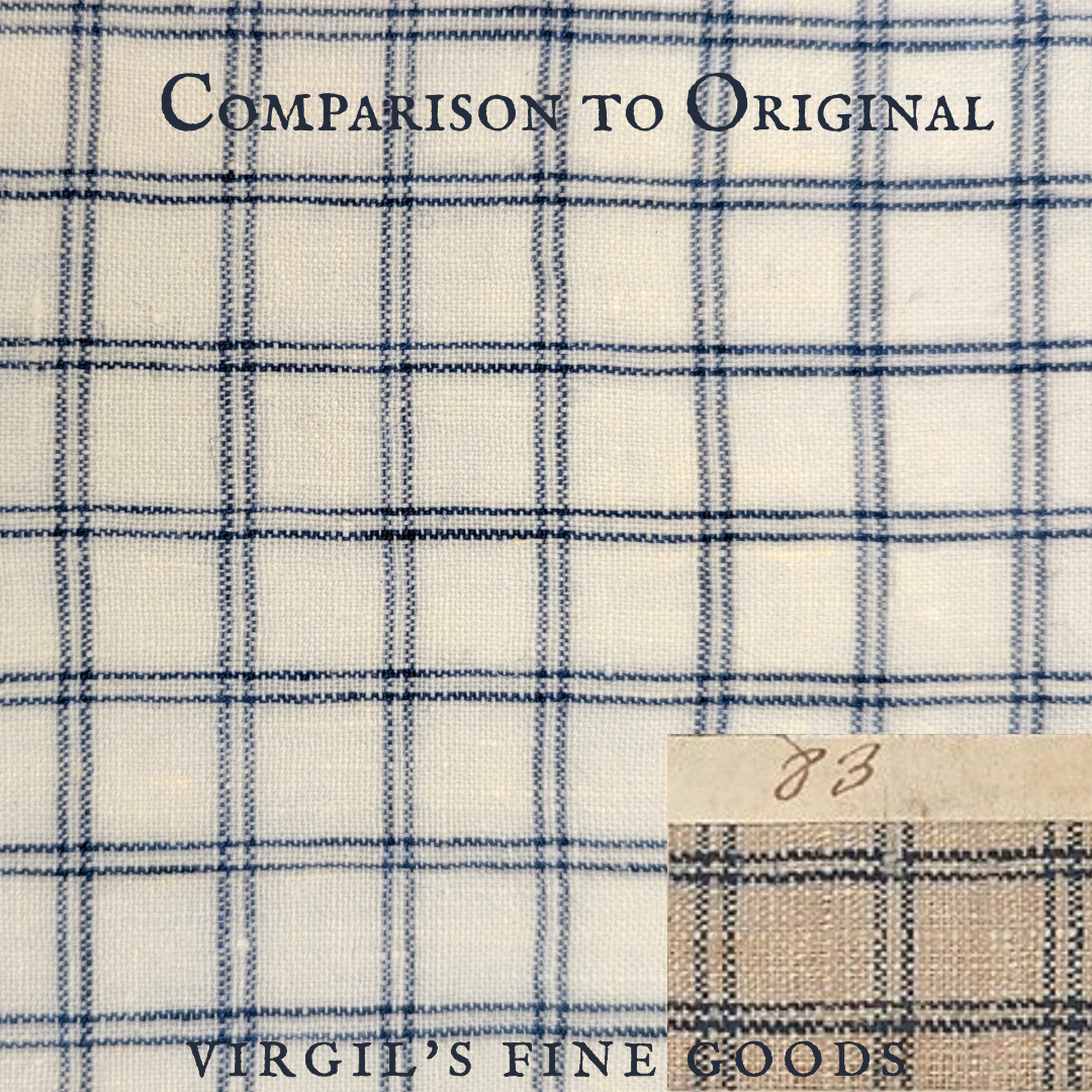 Blue and white checked linen fabric Laid flat with a small photo at the right bottom corner to show historical original for comparison. With the words: "Comparison to the Original" and "Virgil's Fine Goods"