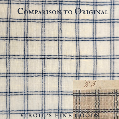 Blue and white checked linen fabric Laid flat with a small photo at the right bottom corner to show historical original for comparison. With the words: "Comparison to the Original" and "Virgil's Fine Goods"