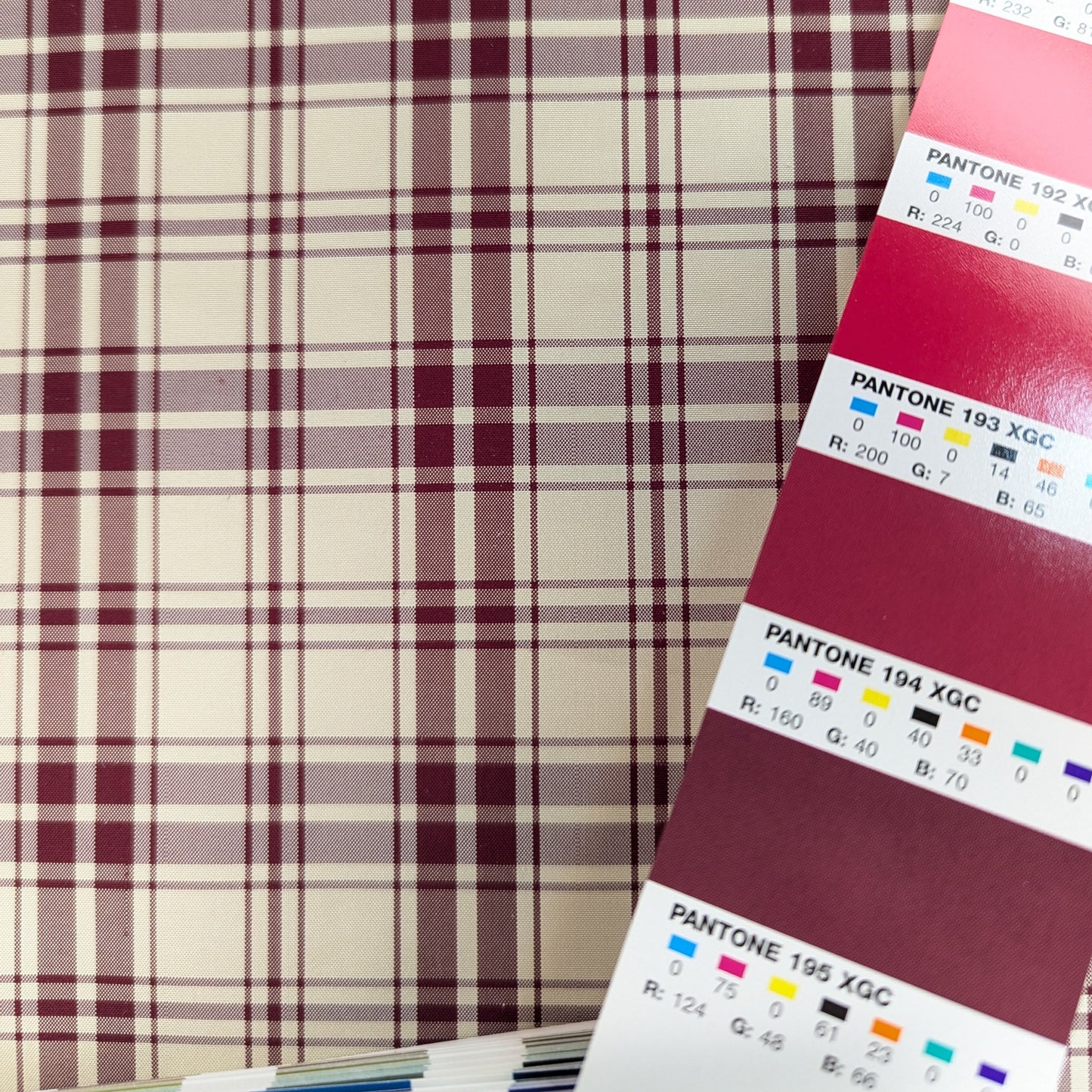 Off-white background with red plaid pattern woven into silk fabric. Yarn dyed silk. Photographed with a pantone chips for color matching
