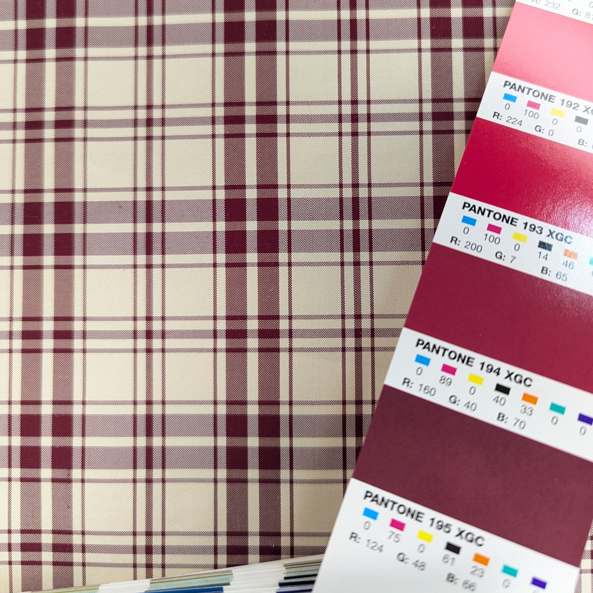 Off-white background with red plaid pattern woven into silk fabric. Yarn dyed silk. Photographed with a pantone chips for color matching