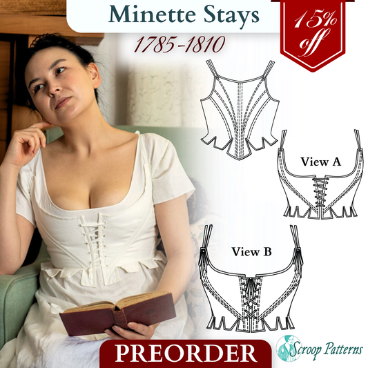 Thumbnail for sewing pattern featuring a white early 1800s corset (known as stays) that ends just above natural waist with ribbon straps. Worn by a person with dark hair reading a book. She is wearing a white dress underneath. Also, 3 line drawings for views A, B and back of pattern. 15% off Preorder sale for Scroop Patterns, Minette Stays Pattern, Circa 1785-1810, Virgil's Fine Goods