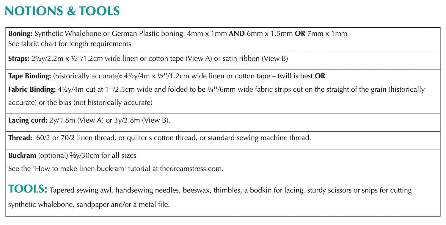 Size Chart for Minette Stays starting at for Boning/Support, Thread, Tapes, Lacing, Thread, Buckram and tools