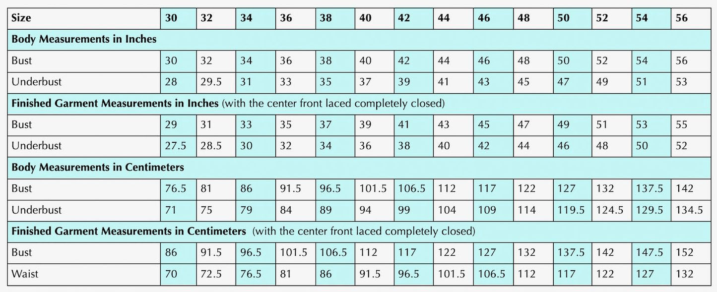 Size Chart for Minette Stays starting at 30in bust to 56in bust, 76.5cm-241cm