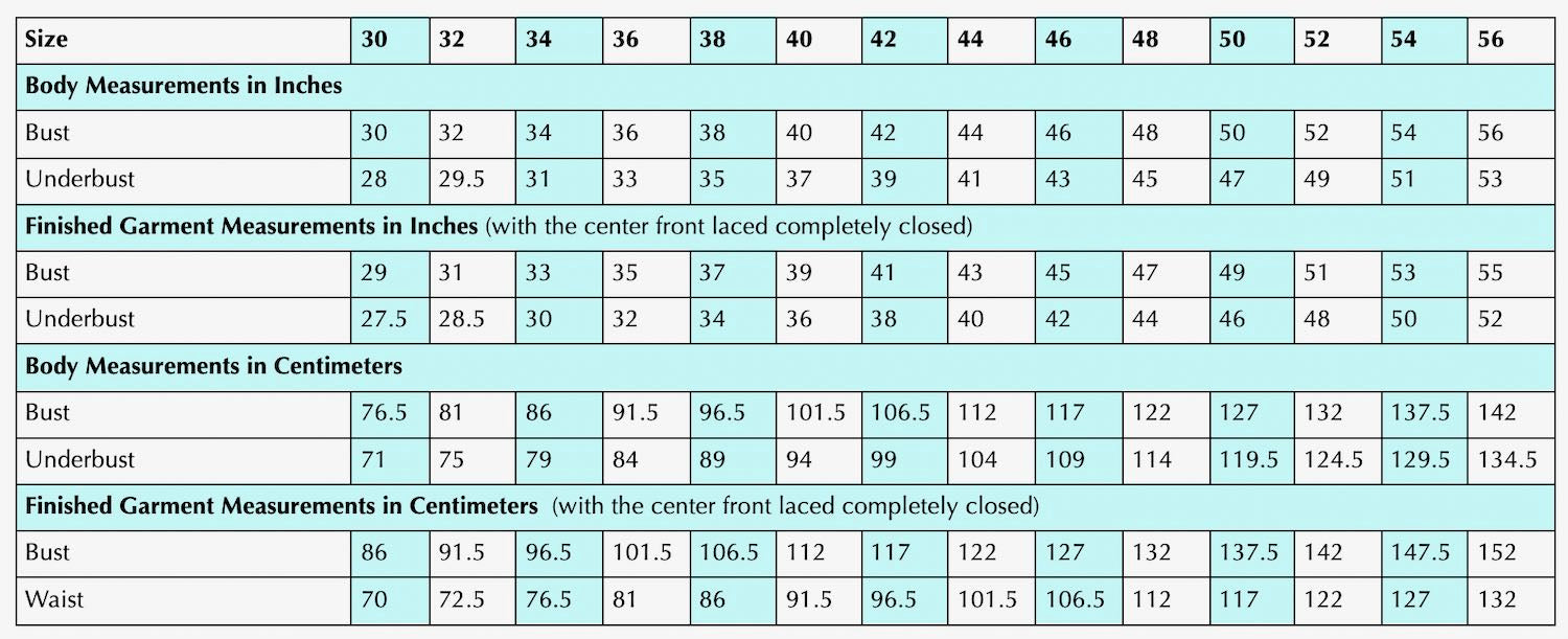 Size Chart for Minette Stays starting at 30in bust to 56in bust, 76.5cm-241cm