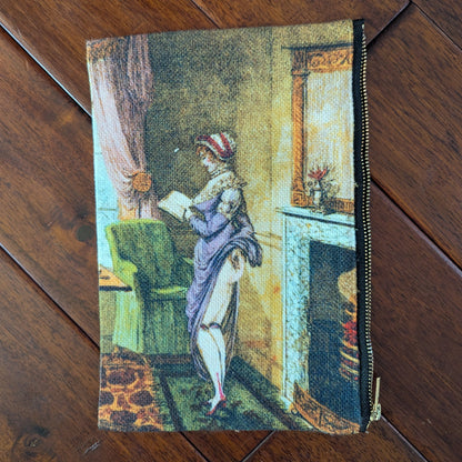 Large zipper pouch printed a woman reading and also lifting her skirt in the back, revealing her bare bum, to warm by the fire in a living room. From the 19th century with a purple dresses and brightly colored room. Virgil's Fine Goods